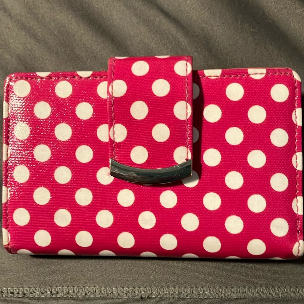 Hot pink and white polka-dotted shiny wallet (no brand name) with 20 card slots